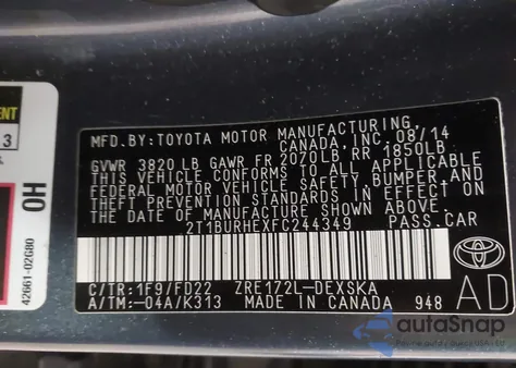 2015 Toyota Corolla S Plus из США, поврежденный, VIN 2T1BURHEXFC244349